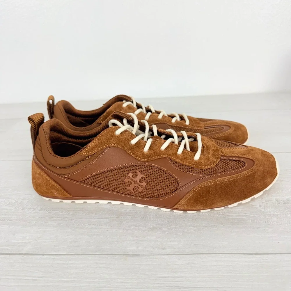 Tory Burch Field Sneakers Womens 8.5 Brown Leather Suede Lace Up Comfort Chic